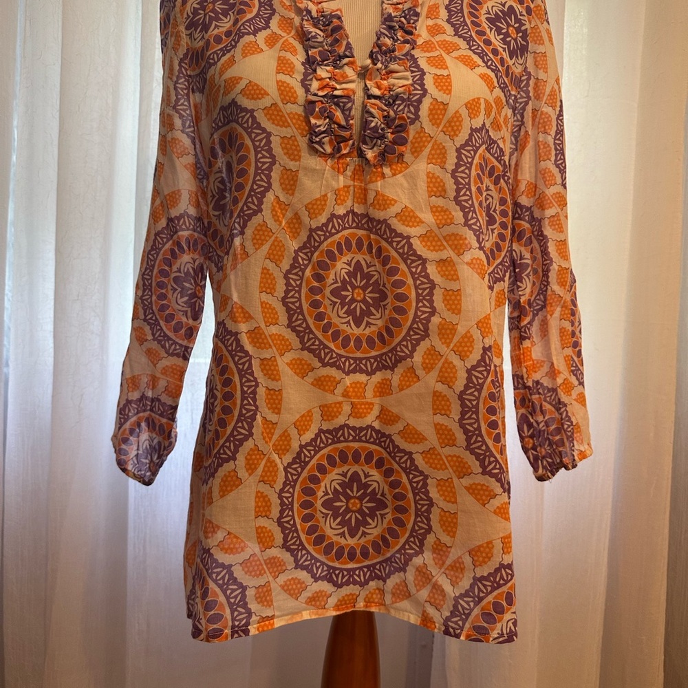 Calypso St. Barth Orange /Purple/ white Ruffled Bib Collar Blouse